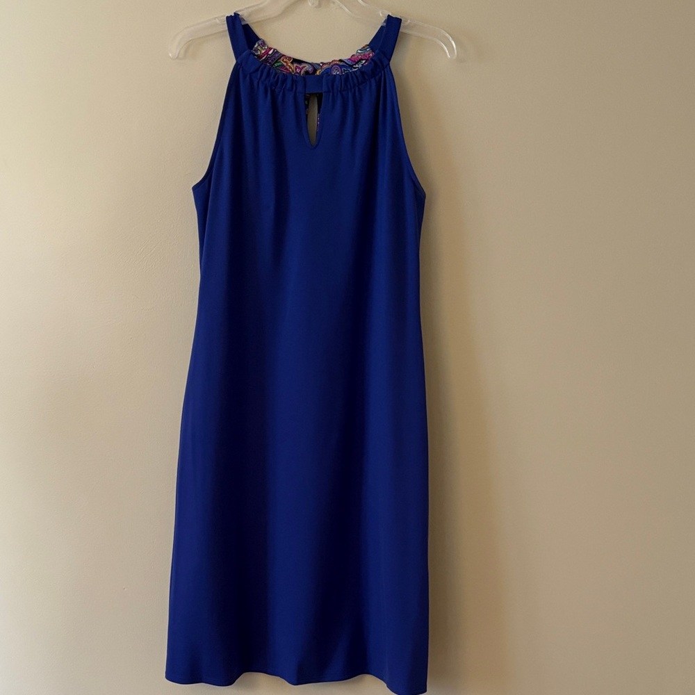 Jude Connally Cobalt Blue Midi Dress with Patterned Neckline